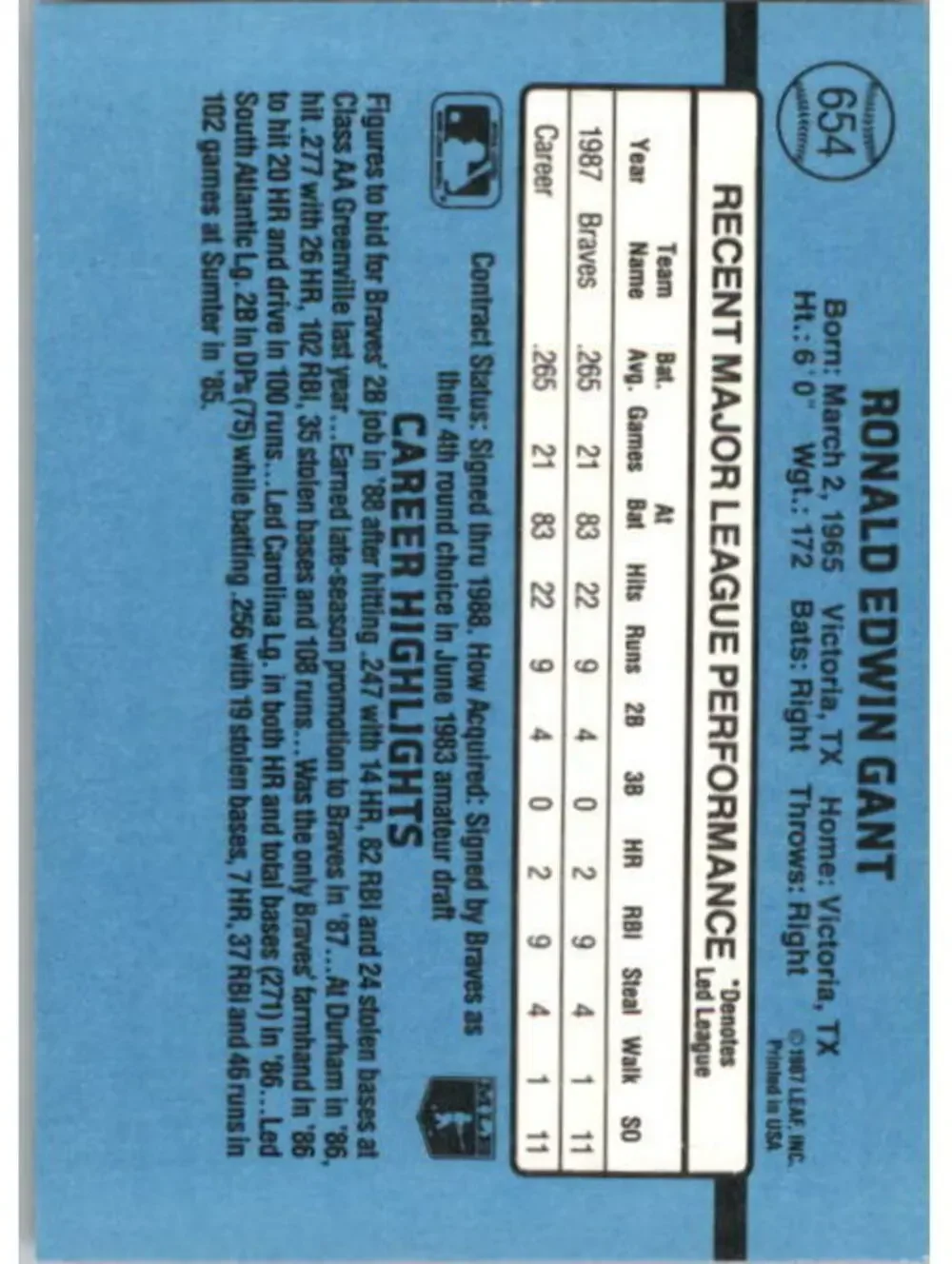 1988 Ron Gant Donruss Baseball Card #654